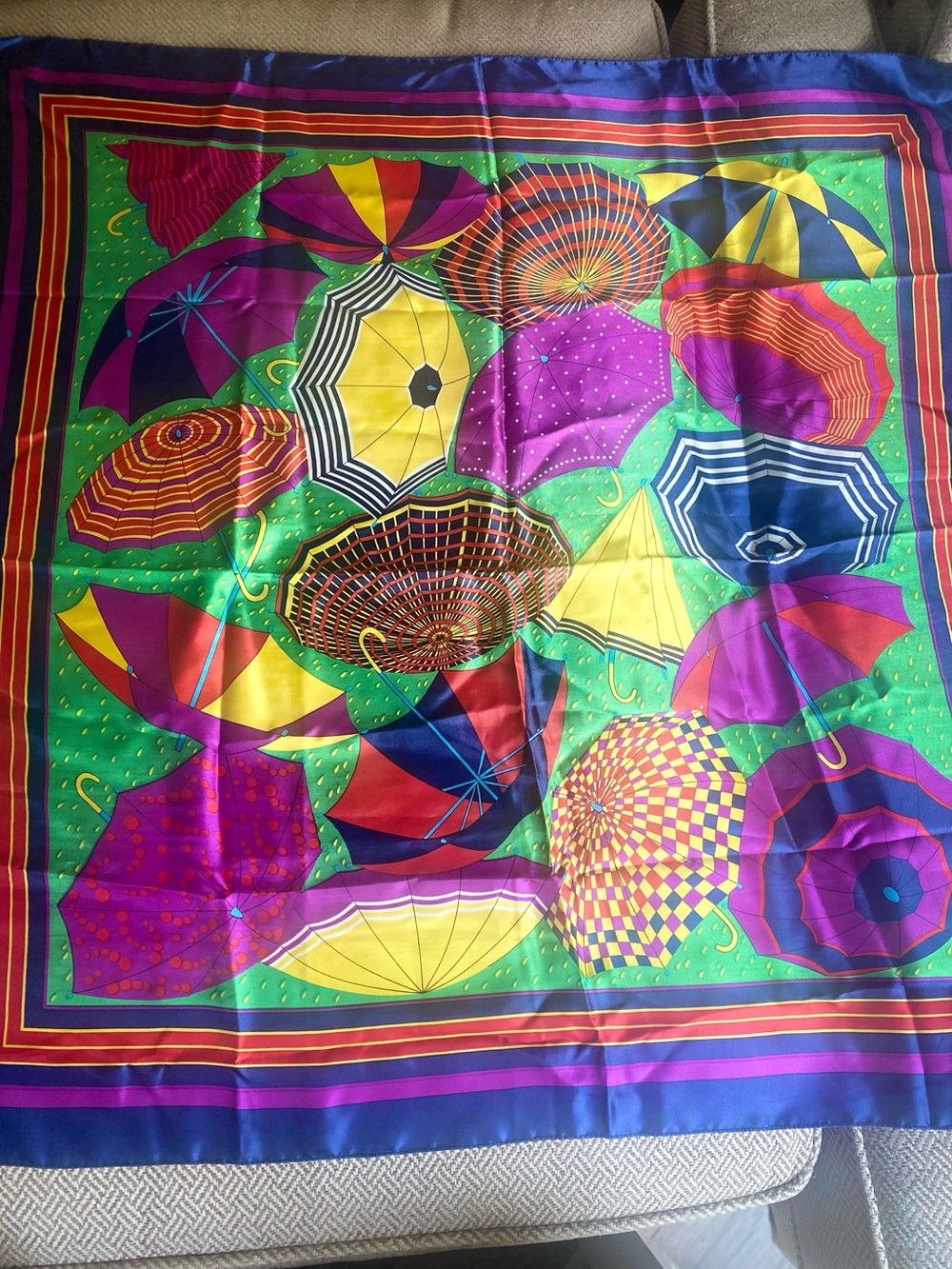 Colorful Umbrella-Print Silk Scarf in Green, Purple, Yellow